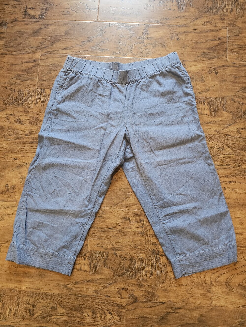 Light Blue Elastic Waist 100% Linen Capris